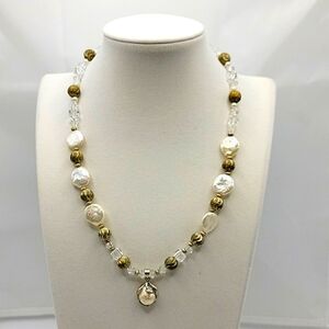 VTG 16" Coin Baroque Pearl .925 Silver With Brilliant Cut Cube Crystal Necklace